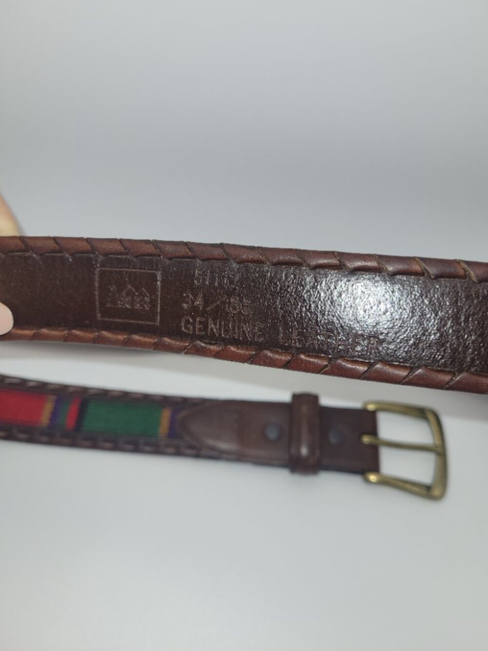 Vintage REI Full Grain Leather Woven Striped Belt Size 34 Solid Brass Gorpcore